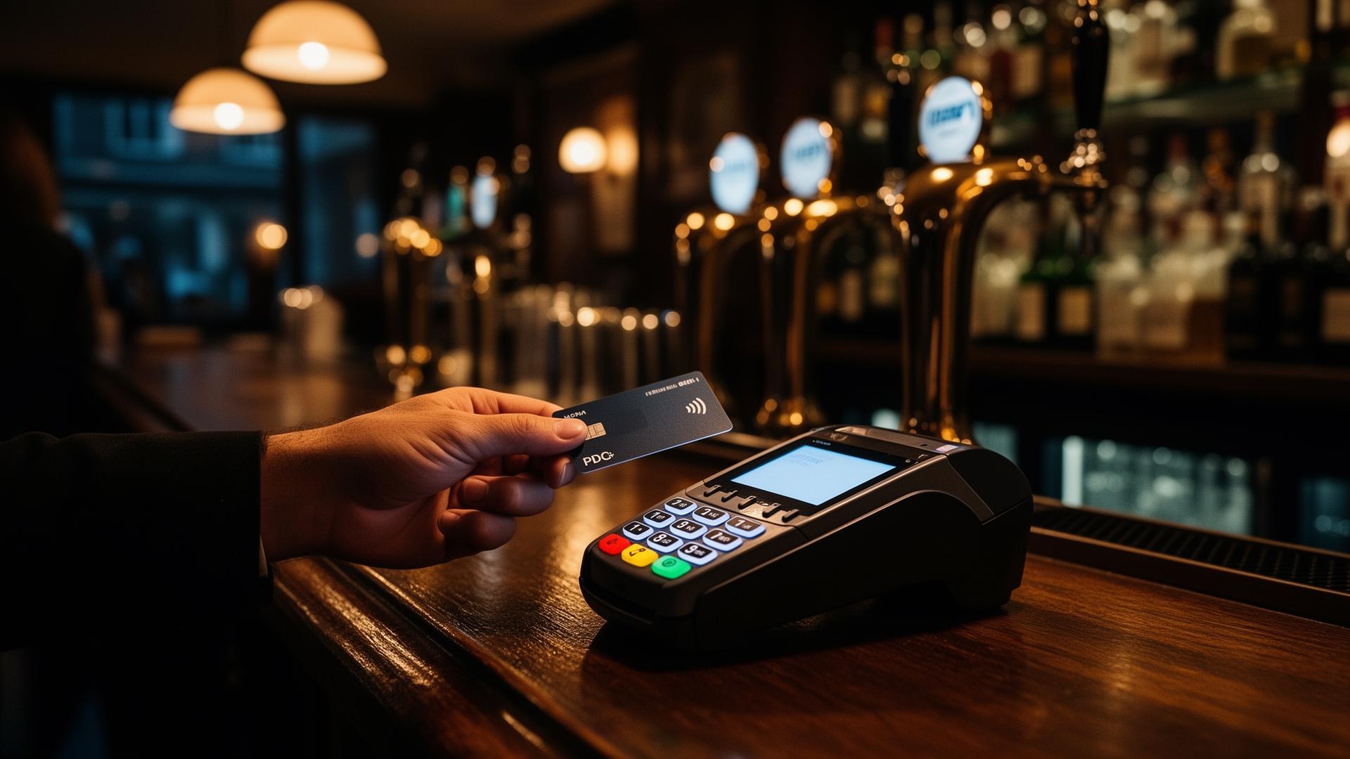 Customer tapping a contactless card on a PDQ terminal at a UK pub bar at dusk