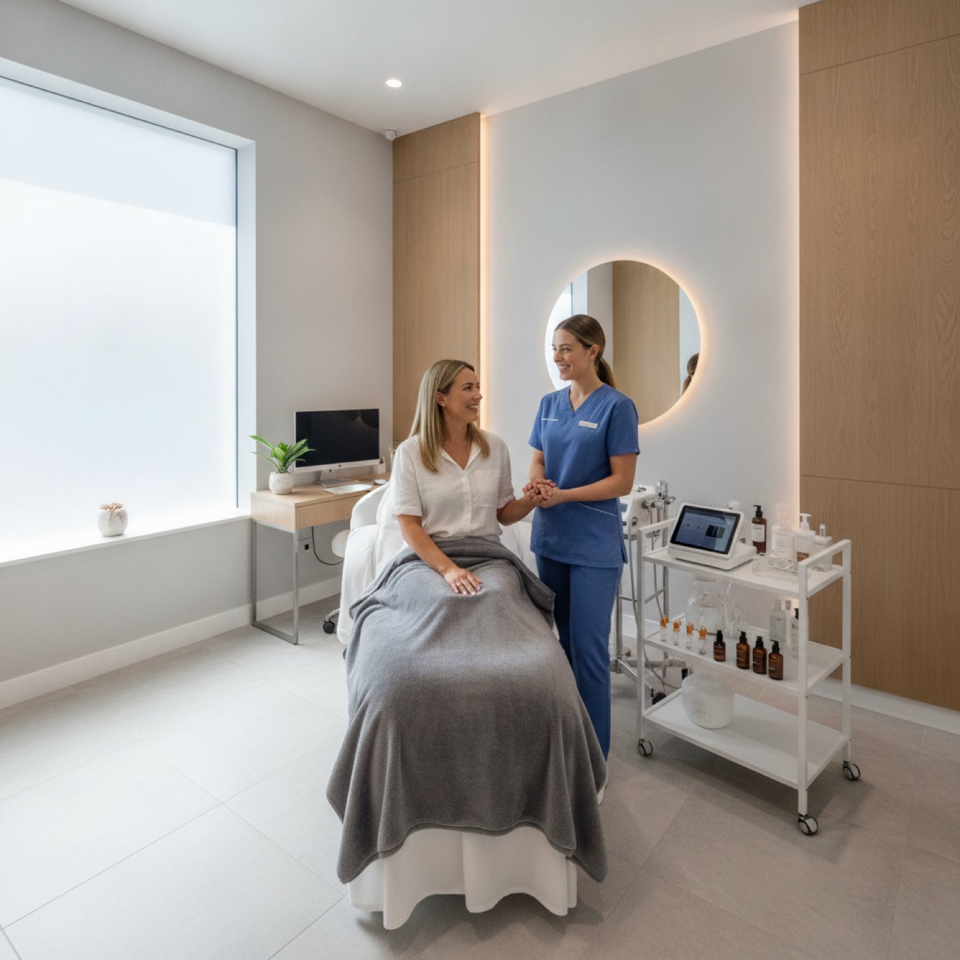 Professional equipment in doctor office with couch for medical treatment procedures behind protective screen