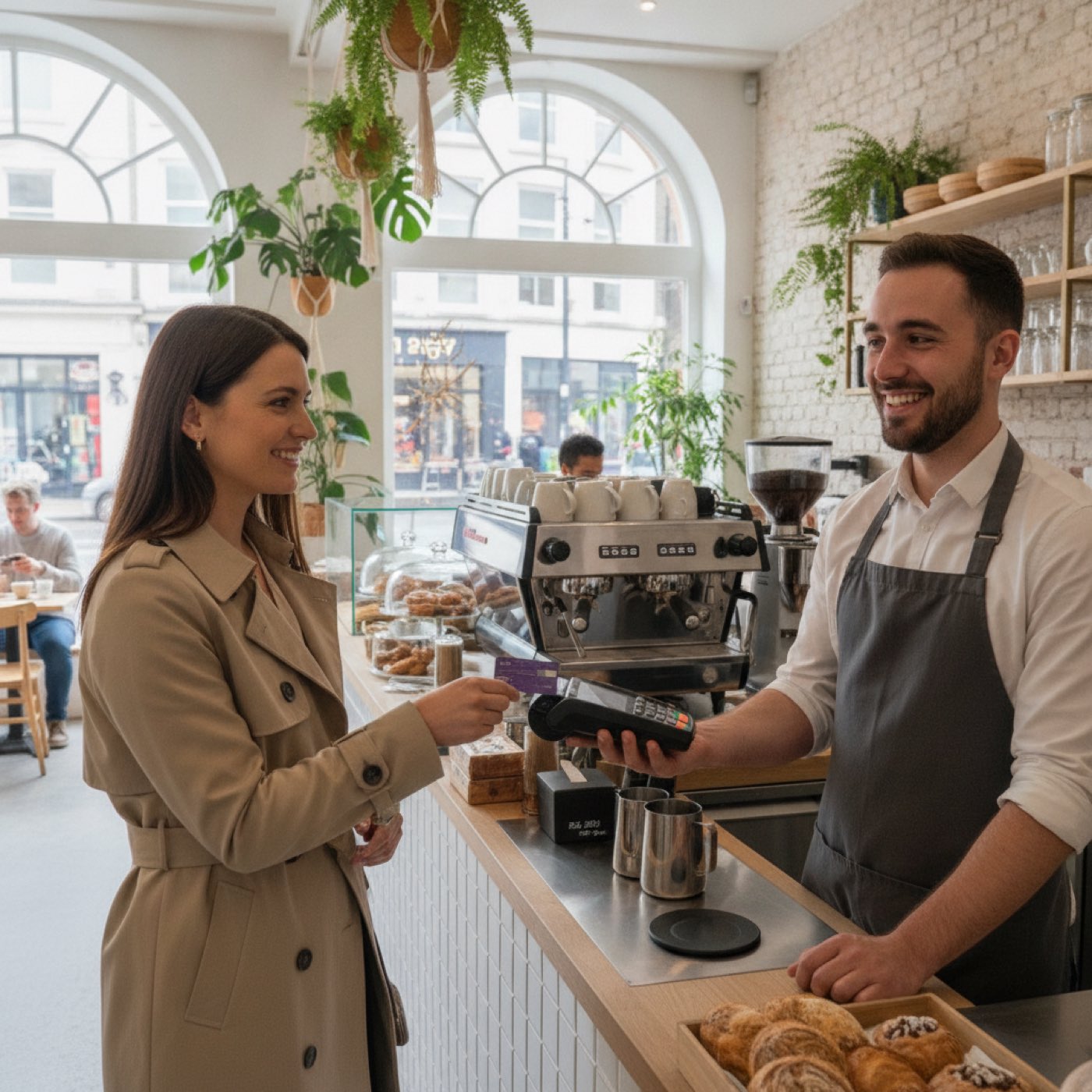 Stylish coffee shop interior showcasing retail items and brewing equipment on a minimalist counter.