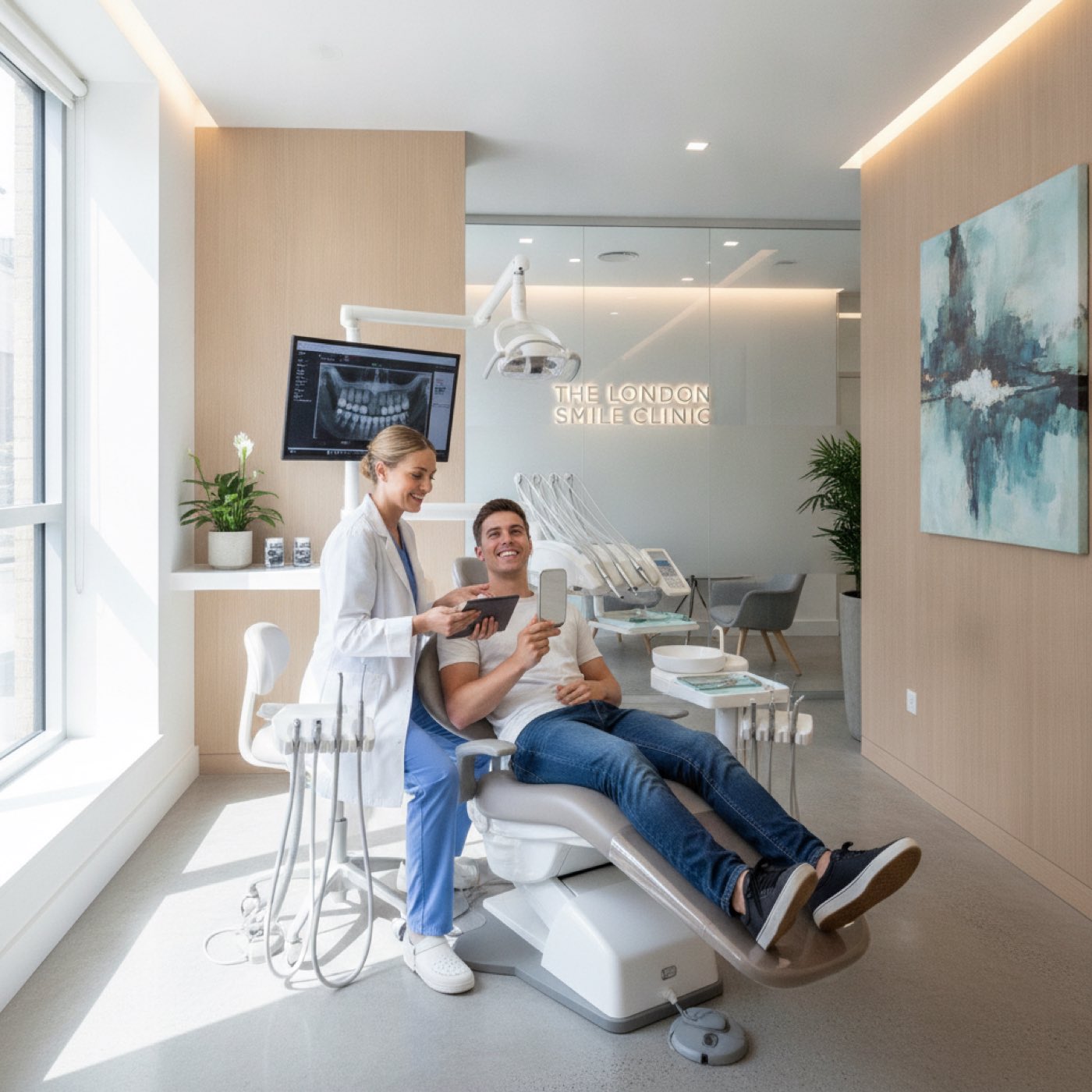 Dentist examining a patient under dental light in a modern clinic setting.