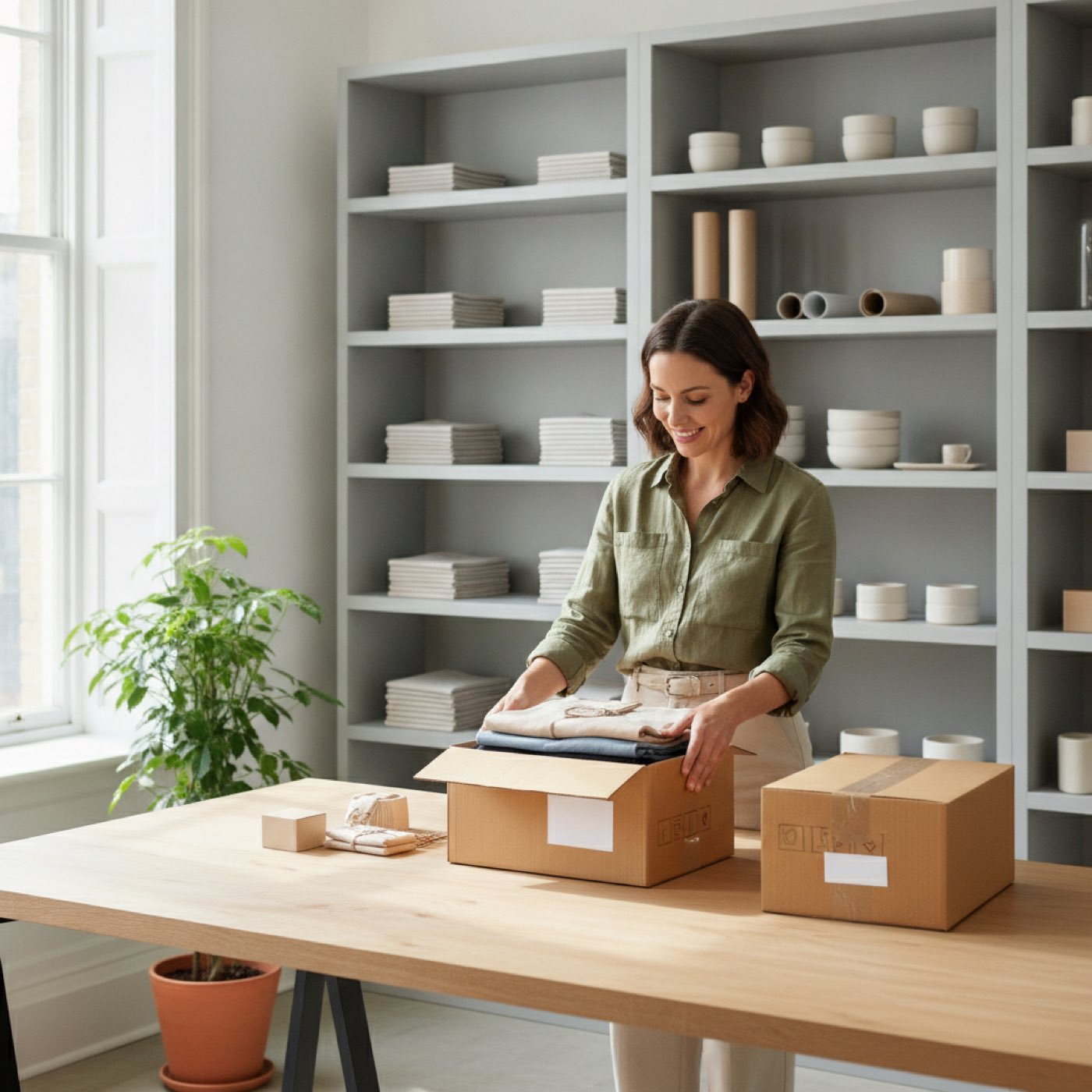 Two couriers working together to process deliveries in a warehouse setting.
