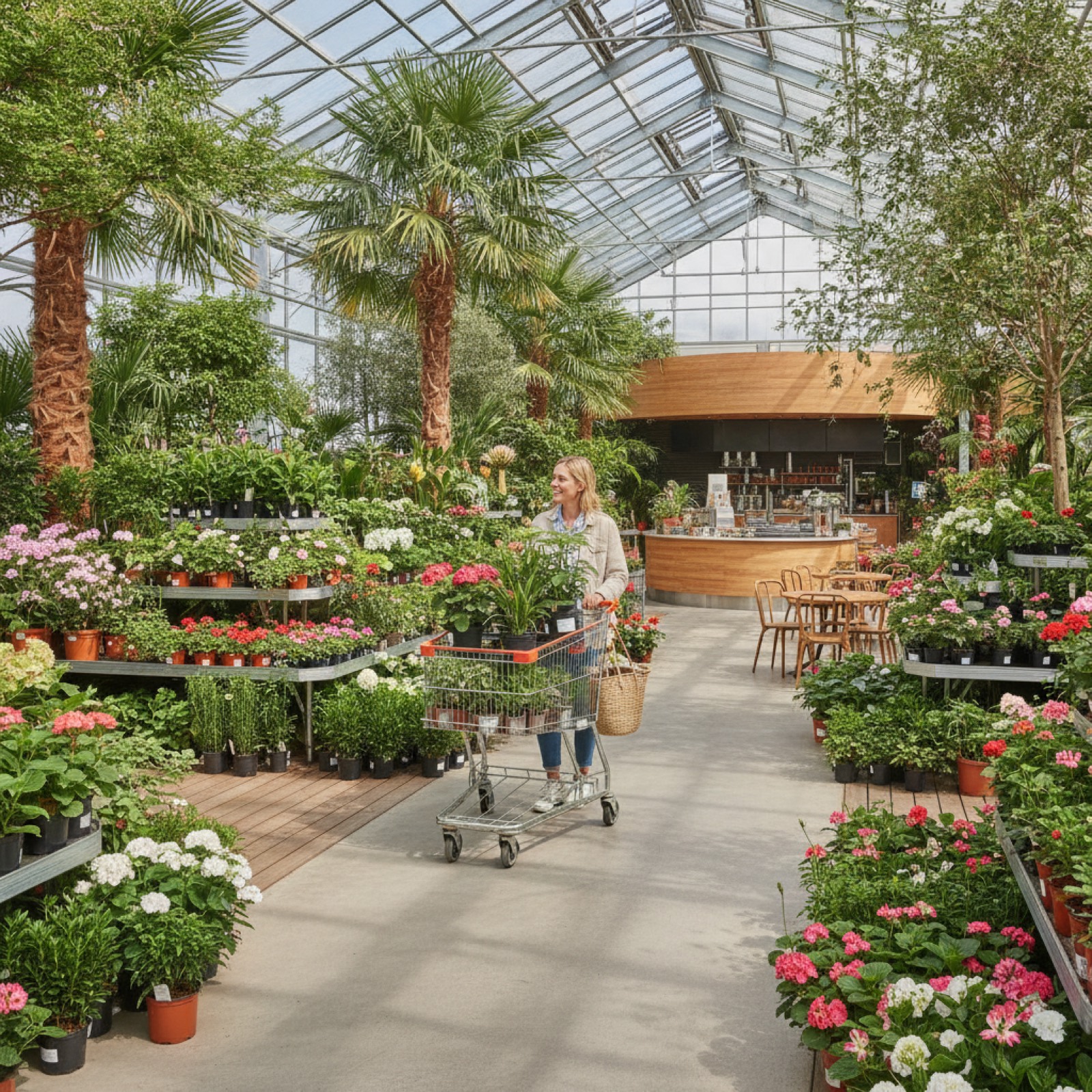 A couple explores vibrant plants in a garden center on a sunny day.