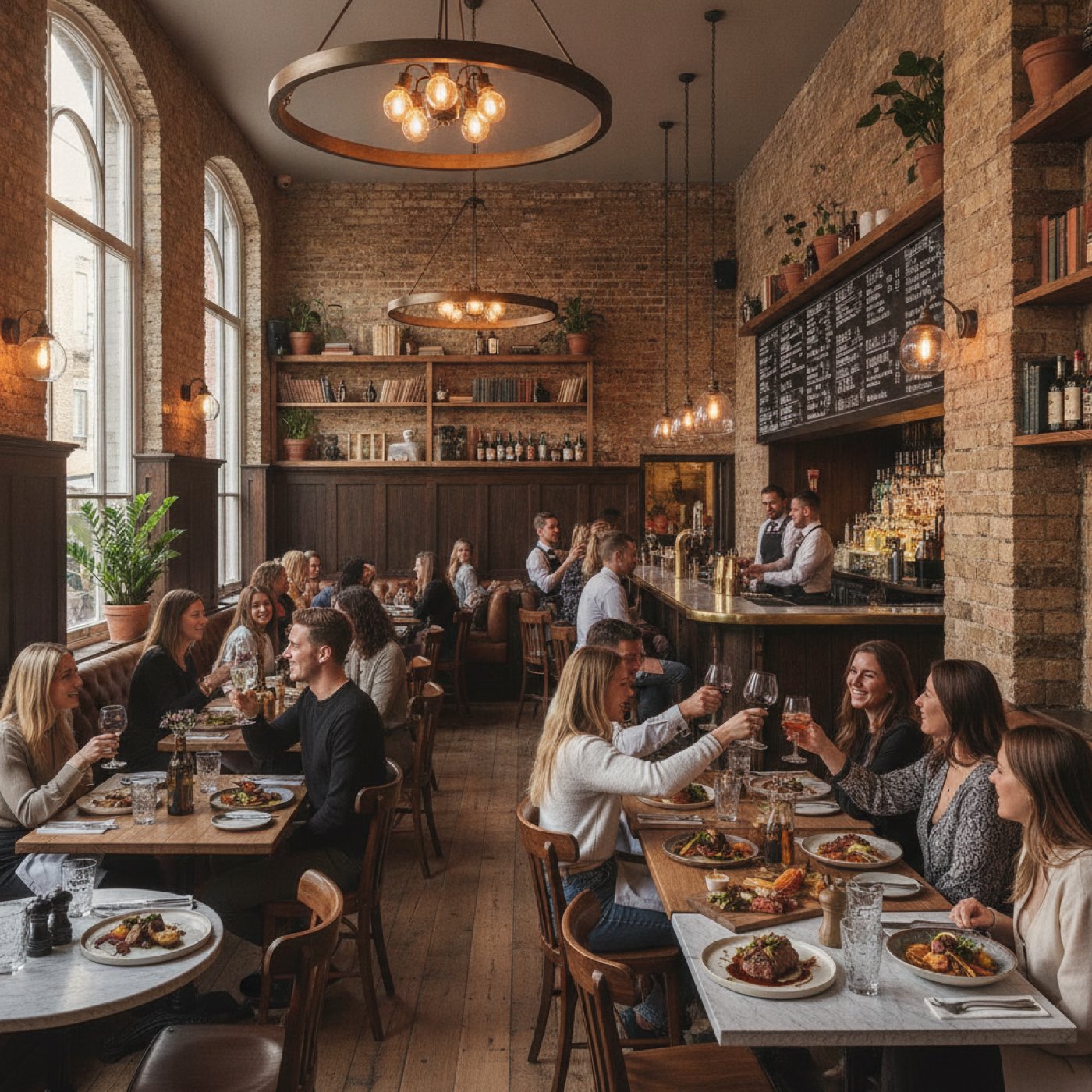 Friends enjoying a casual meal with beer and diverse platters in a cozy setting.