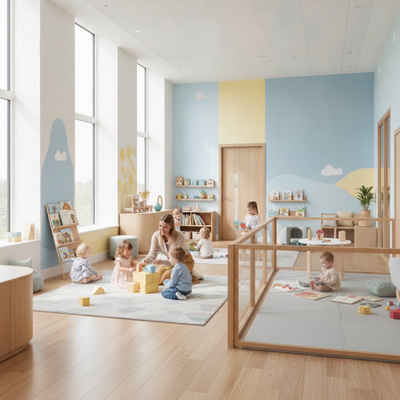 Cute child sitting on a swing with lights in a cozy indoor nursery setting.