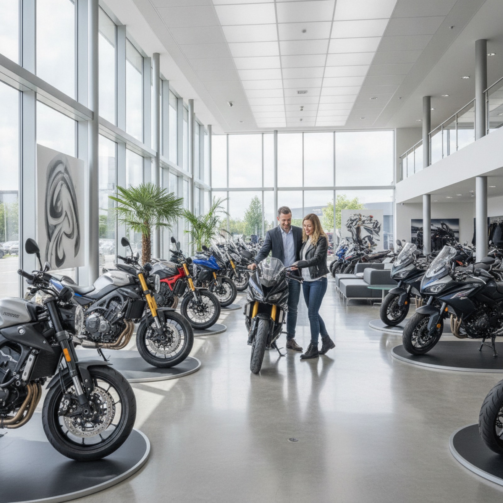 Motorcycle riders gather at a motorsport event on a sunny day.