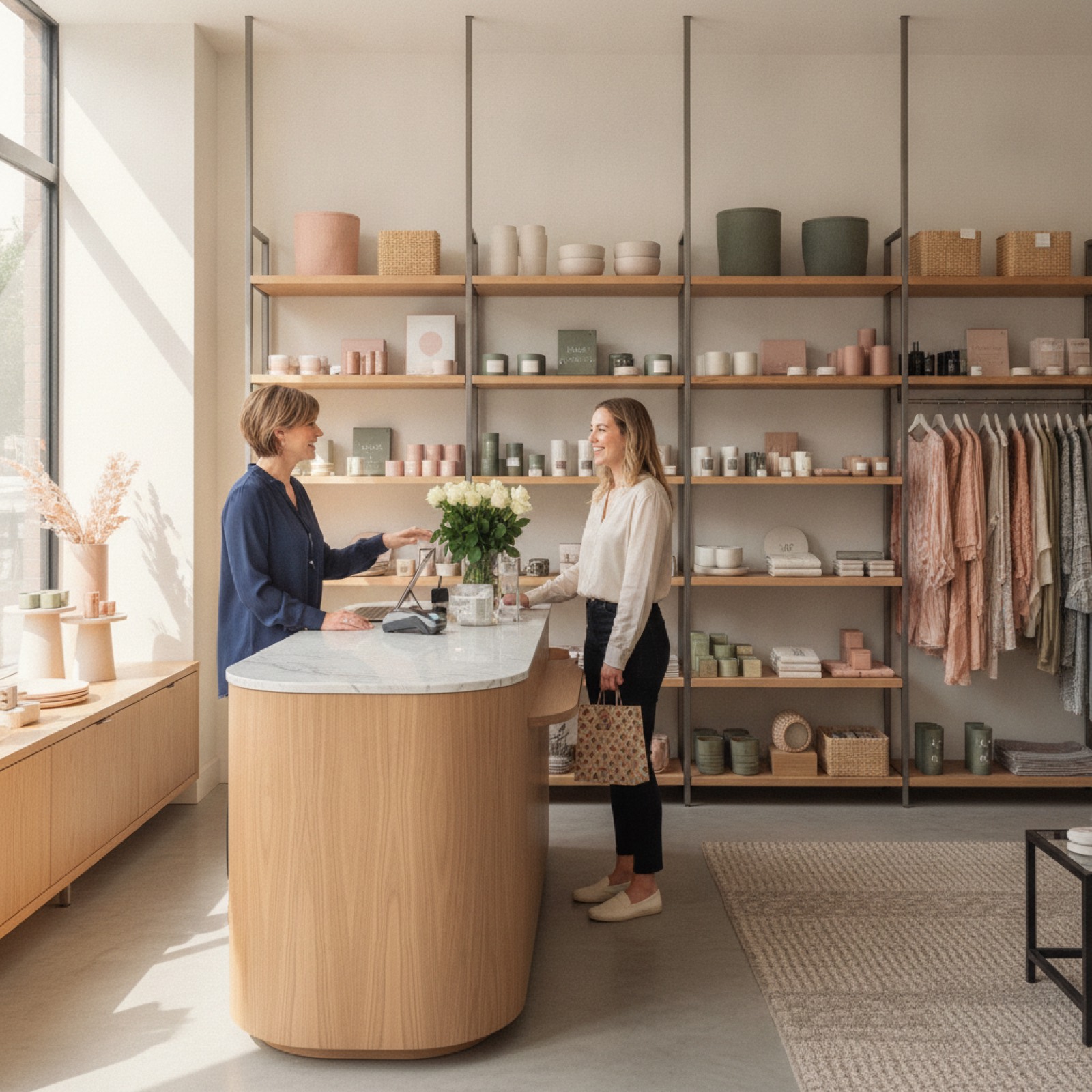 Two male employees organizing products in a cozy grocery store.