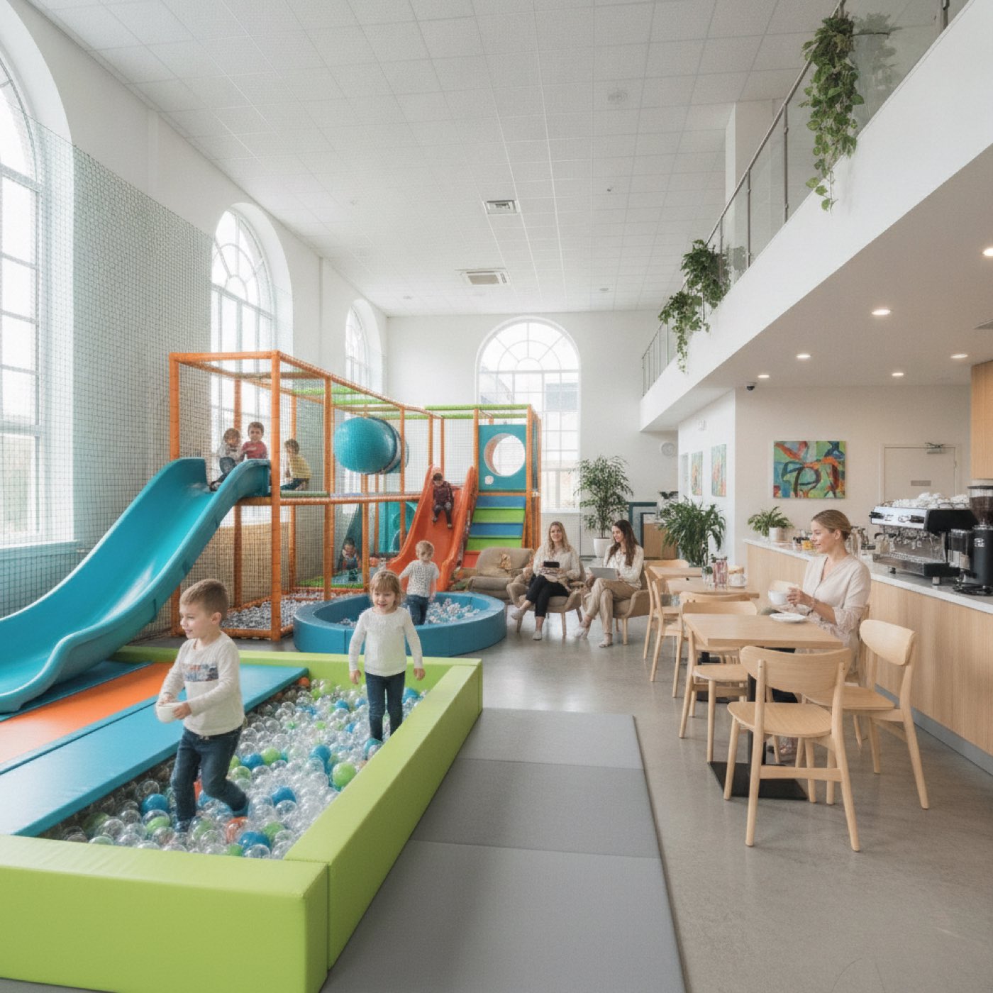 Adorable toddler exploring a vibrant indoor ball pit. Ideal for playful and family-themed content.